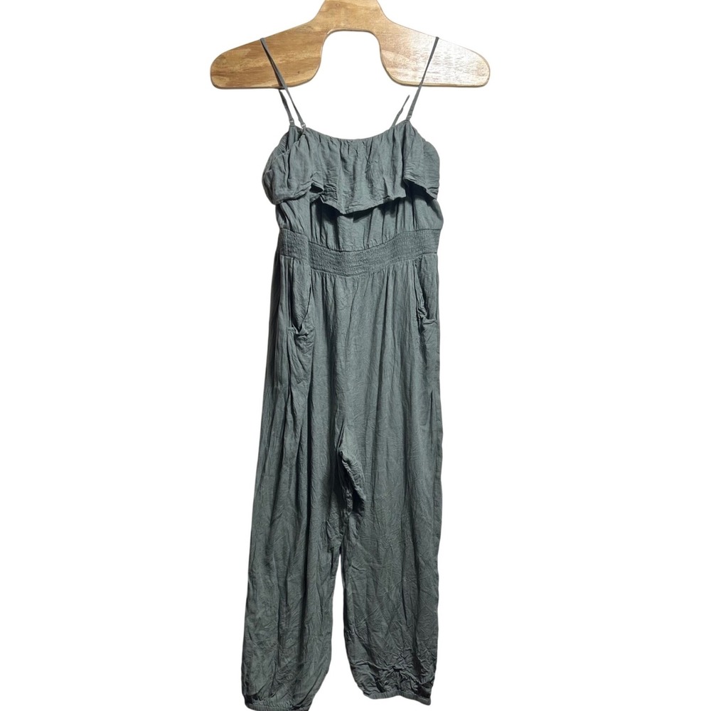 American Eagle Olive Green Linen Blend Smocked Ruffle Jumpsuit XXL